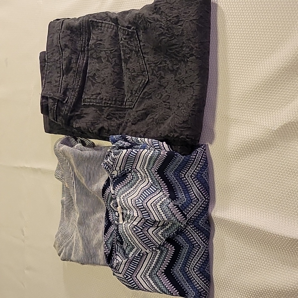Maurices Charcoal Jeans With Navy Striped & Colorful Geometric Shape Shirts